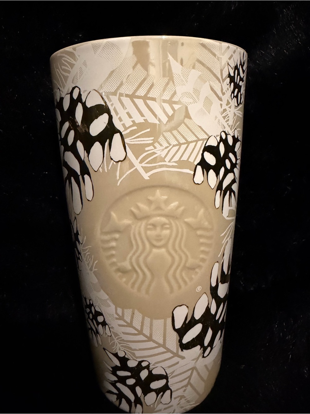 Starbucks Beige Ceramic Tumbler with Black and White Pinecone Motif